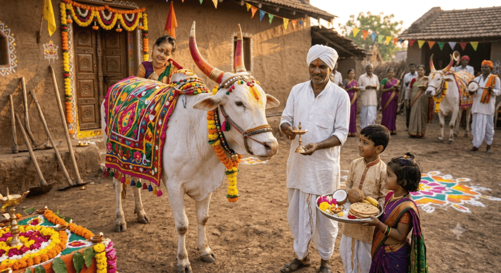 बेंदूर सण घरगुती पूजा, पुरणपोळी नैवेद्य आरती, शेतकरी कुटुंब बैल पूजा, पांढरा सजवलेला बैल, बेंदूर सण संस्कार