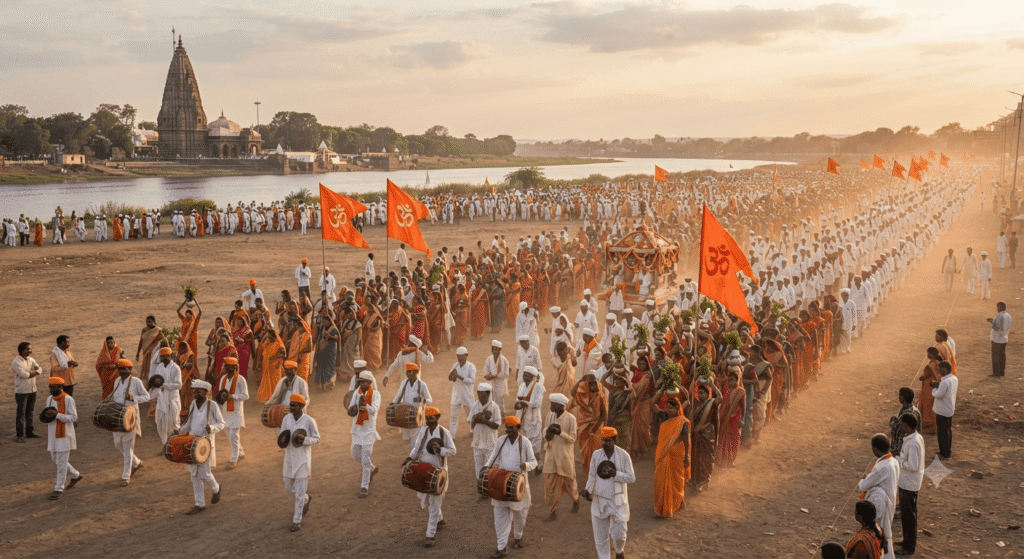 पंढरपूरच्या दिशेने जाणारी वारकऱ्यांची शिस्तबद्ध दिंडी आणि पालखी.