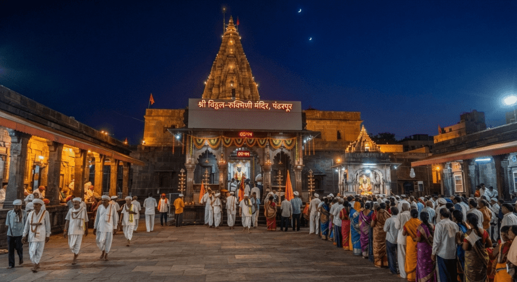 रात्रीच्या वेळी भाविकांसाठी खुले असलेले पंढरपूरचे श्री विठ्ठल रुक्मिणी मंदिर.