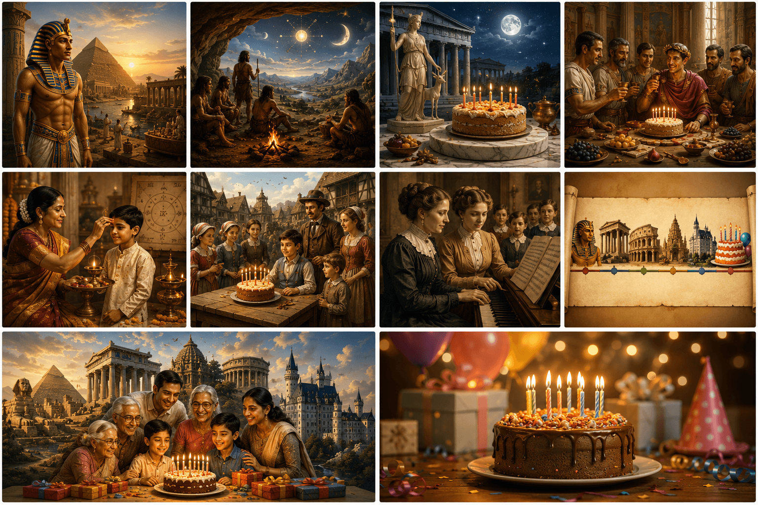 ​history of birthday - Collage showing the history of birthday celebrations from ancient Egypt, Greece, Rome, and India to modern birthday cakes.