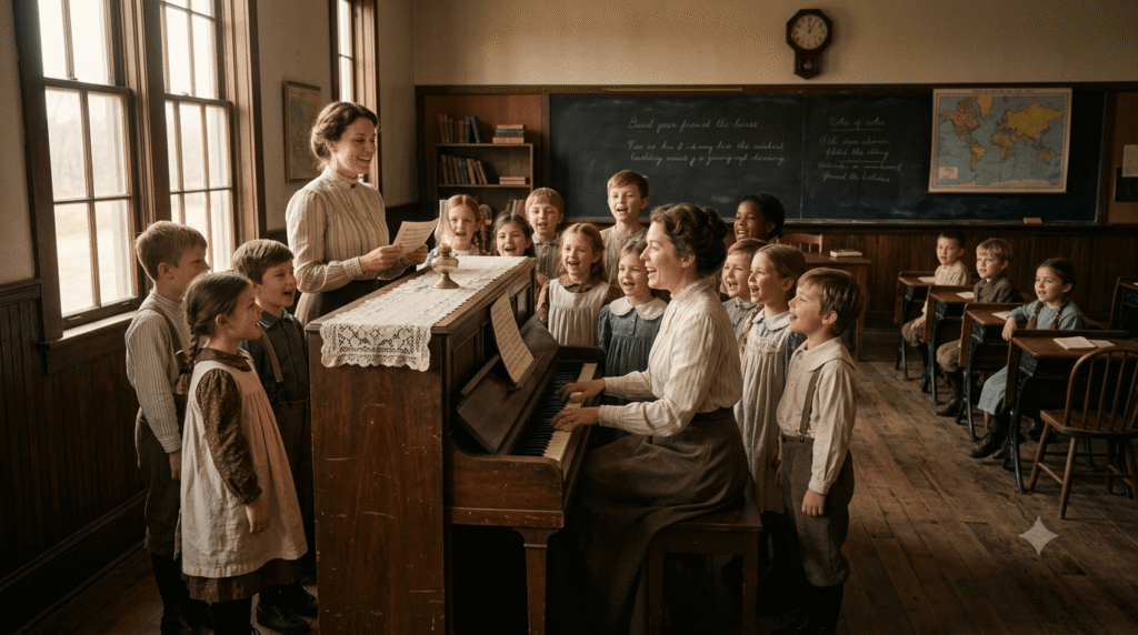 Patty and Mildred Hill playing piano and singing Good Morning to All with school children in a 19th-century classroom.
