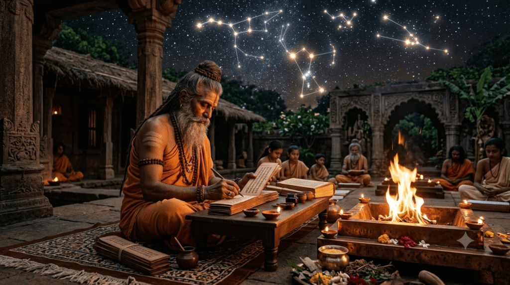 प्राचीन भारतीय ऋषि ताड़पत्रों पर जन्मकुंडली बनाते हुए