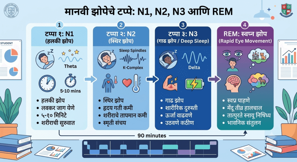 ​मानवी झोपेचे चार टप्पे: N1, N2, N3 आणि REM स्लीप सायकल इंफोग्राफिक चार्ट