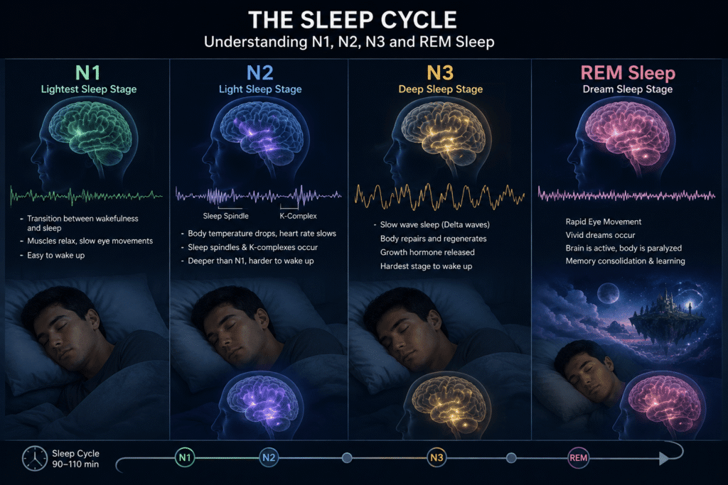 N1, N2, N3 और REM Sleep के चारों चरणों तथा मस्तिष्क की गतिविधियों को दर्शाता स्लीप साइकल इन्फोग्राफिक।