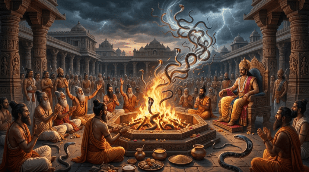 King Janamejaya performing the Sarpa Satra snake sacrifice in the Mahabharata with sages and sacred fire