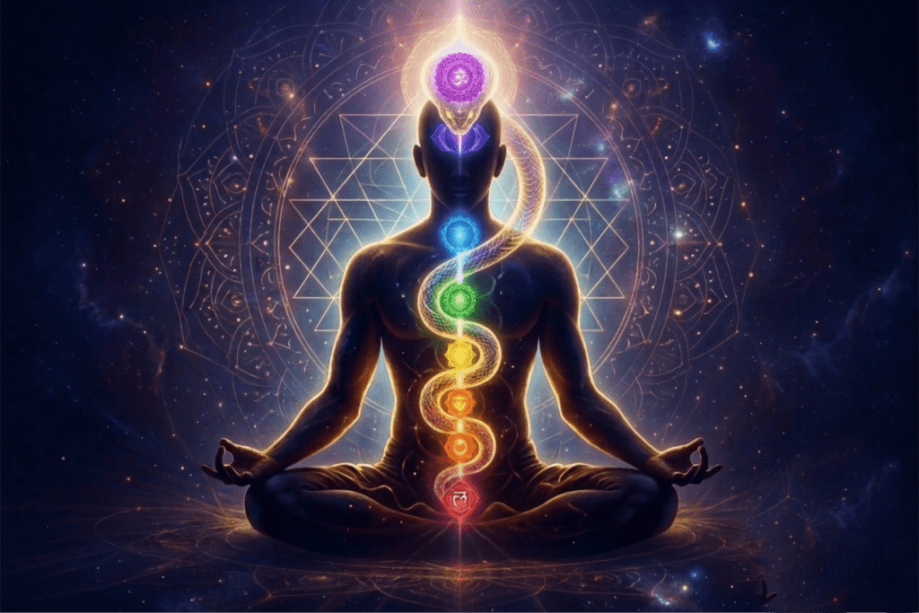 Meditating yogi with awakened Kundalini energy rising through the chakras symbolized by a coiled serpent