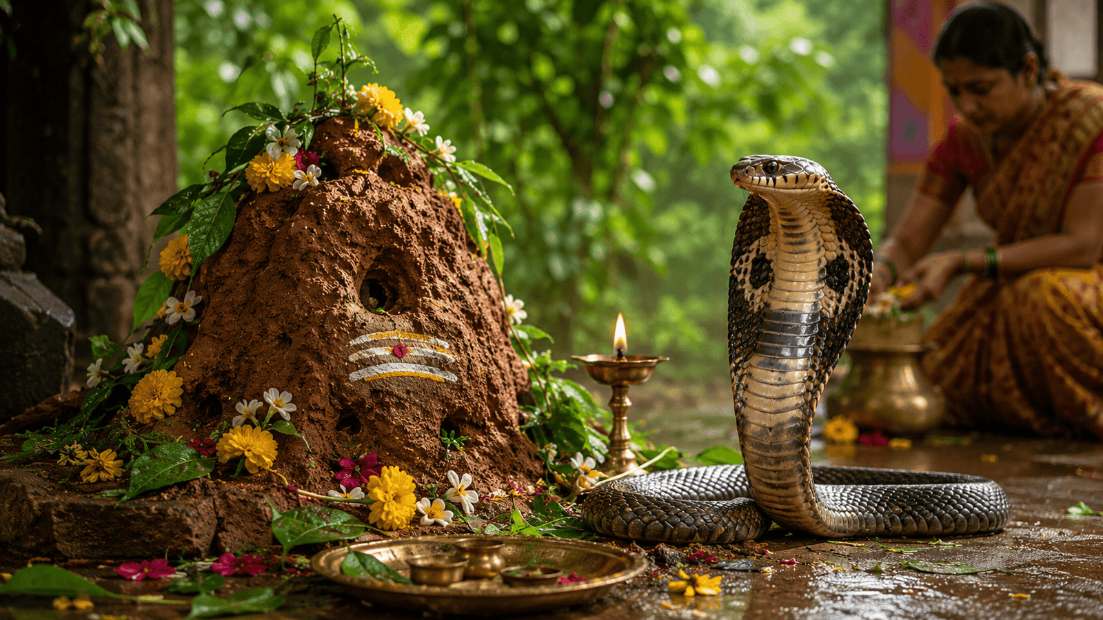 Nag Panchami festival with cobra, anthill, lush green monsoon landscape and Indian cultural symbolism