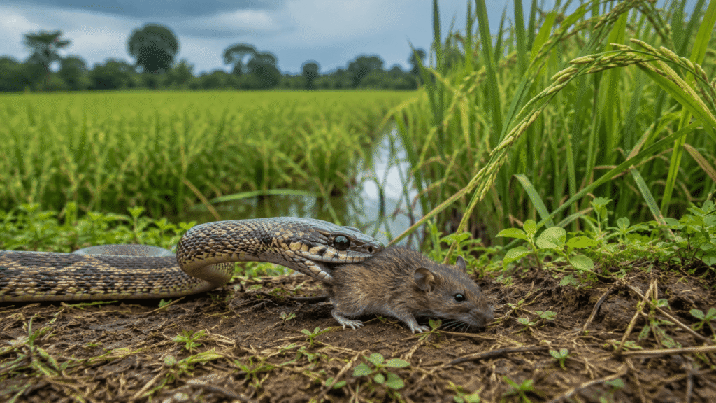 A non-venomous snake controlling rats in an Indian agricultural field during the monsoon