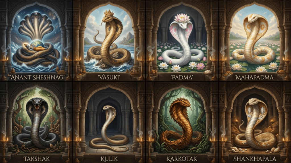 The Ashta Nagas of Hindu mythology including Ananta, Vasuki, Takshaka, Karkotaka, Padma, Mahapadma, Kulika and Shankhapala