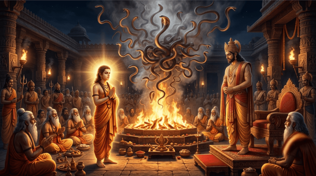 Sage Astika stopping King Janamejaya's Sarpa Satra snake sacrifice in the Mahabharata before the sacred fire.