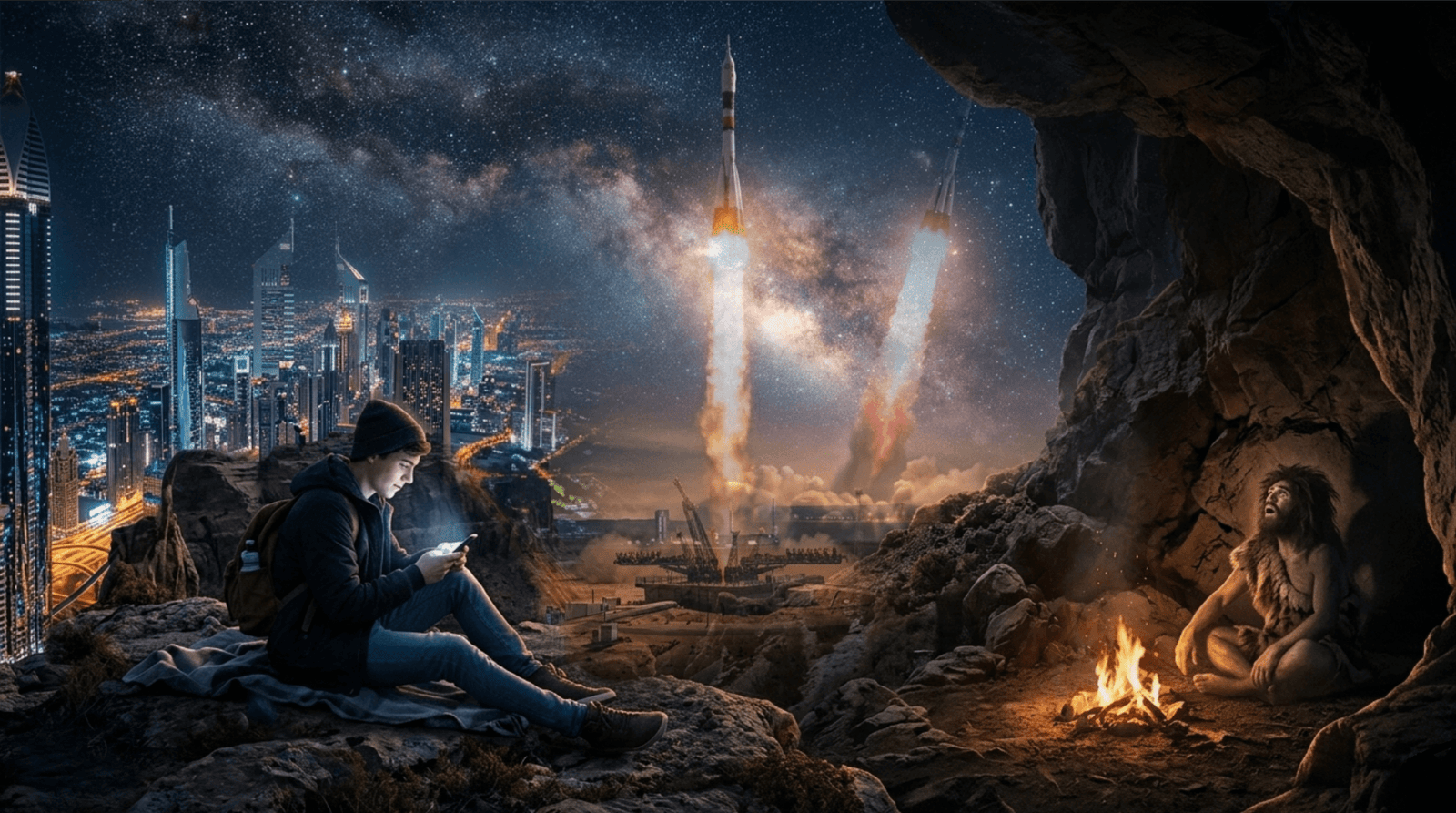 A dramatic composite image showing a modern man with a smartphone on a cliff edge beside a lit city and rockets launching into space, next to an ancient caveman sitting by a campfire in a cave, looking up at the cosmos.
