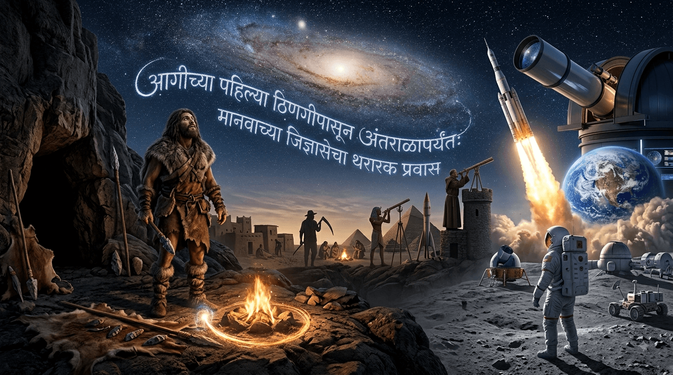 ​एक संकल्पनात्मक चित्र ज्यामध्ये डावीकडे अश्मयुगीन आदिमानव आगीजवळ उभा राहून आकाशाकडे पाहत आहे, मध्यभागी प्राचीन संस्कृती आणि उजवीकडे प्रगत मानवाचे रॉकेट, आधुनिक दुर्बीण आणि चंद्रावरील अंतराळवीर दाखवले आहेत. चित्रात "आगीच्या पहिल्या ठिणगीपासून अंतराळापर्यंत: मानवाच्या जिज्ञासेचा थरारक प्रवास" असे मराठीत लिहिलेले आहे.