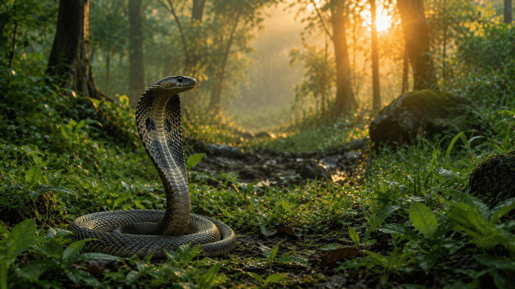 नागपंचमी-Indian spectacled cobra resting peacefully in its natural forest habitat during sunrise