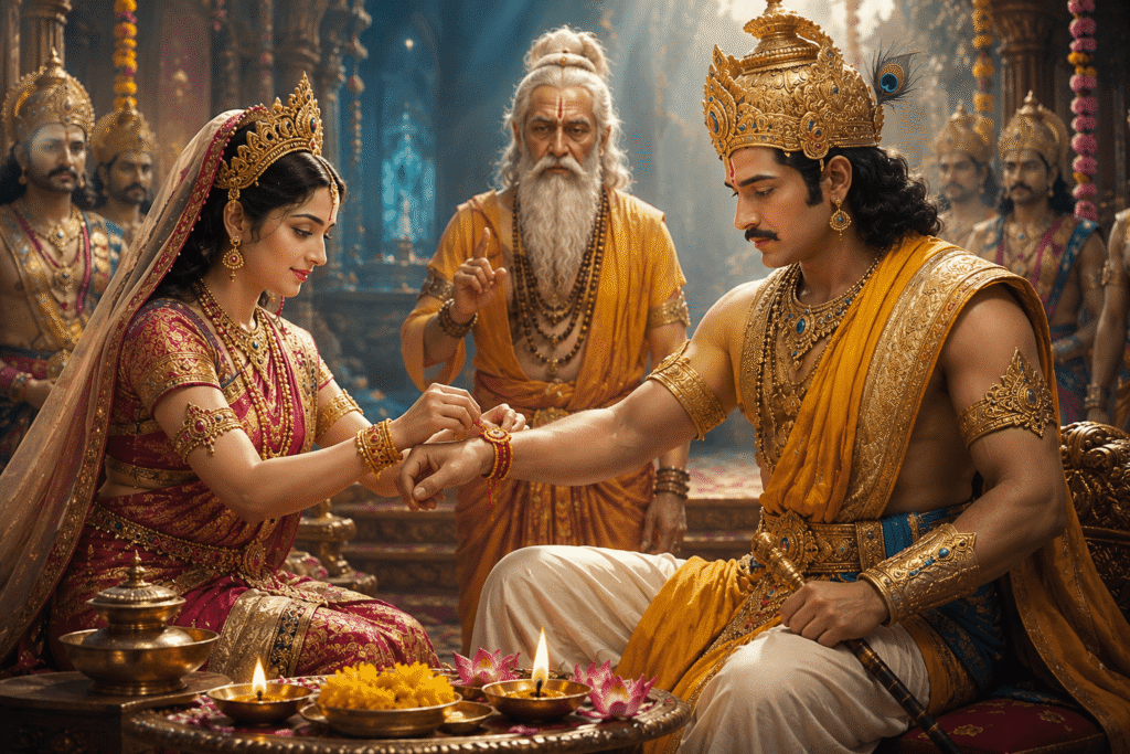 गुरू बृहस्पतींच्या उपस्थितीत इंद्राची पत्नी शची देवाधिदेव इंद्राच्या मनगटावर अभिमंत्रित रक्षासूत्र बांधताना.
