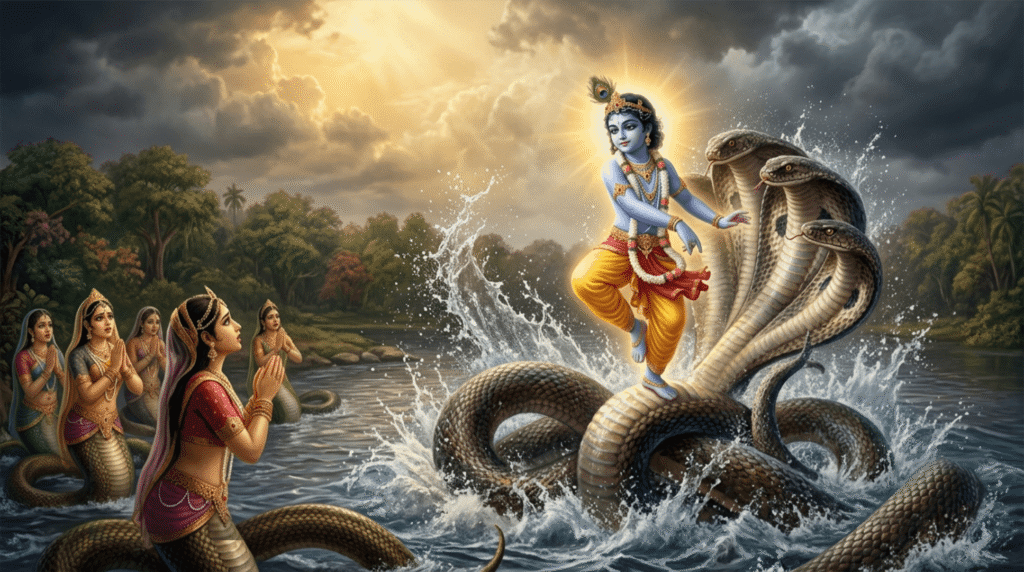 Lord Krishna performing Kaliya Mardan by dancing on the hoods of the serpent Kaliya in the Yamuna River