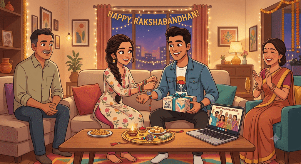 घरातील बैठकीच्या खोलीत कुटुंबियांसोबत रक्षाबंधन साजरे करताना बहीण भावाला राखी बांधत आहे, तर लॅपटॉपवर व्हिडिओ कॉलद्वारे इतर नातेवाईक जोडले गेले आहेत.