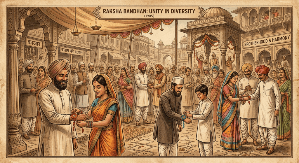 १९०५ च्या बंगालच्या फाळणीदरम्यान विविध धर्माचे भारतीय नागरिक एकमेकांना राखी बांधून सामाजिक ऐक्य दर्शवताना.
