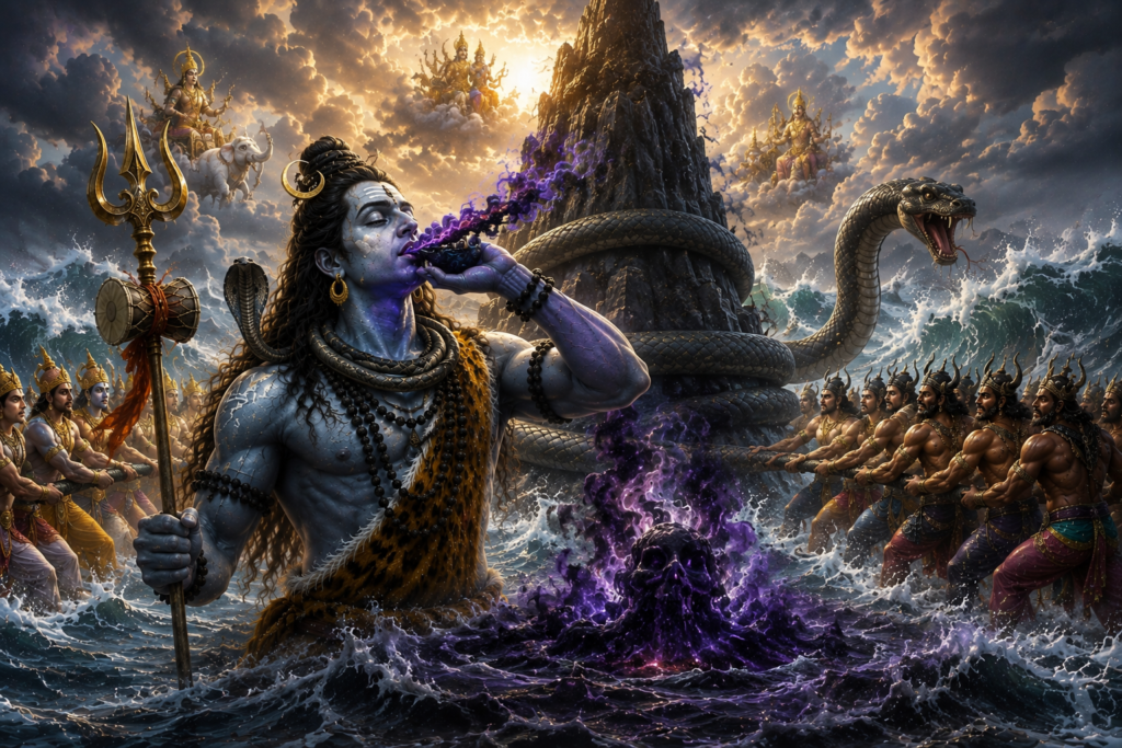Lord Shiva drinking Halahala poison during Samudra Manthan