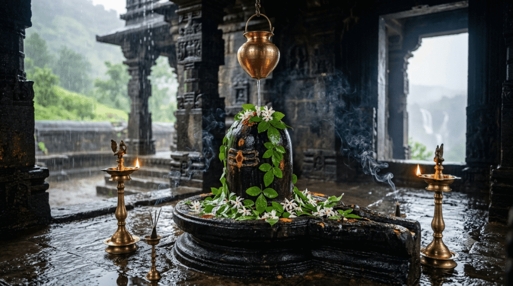 श्रावण — Shiva lingam in a temple during the monsoon season of Shravan
