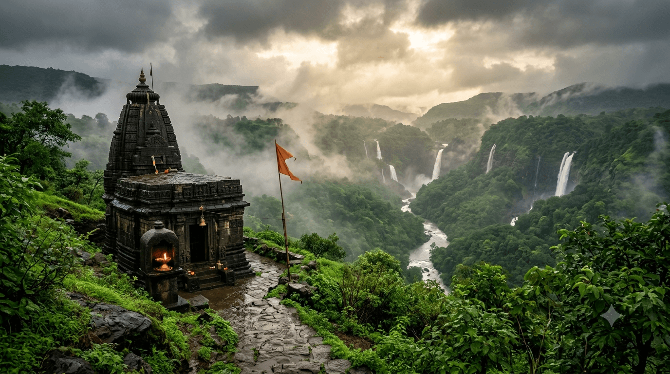 Ancient Shiva temple surrounded by lush green mountains and waterfalls during Shravan month