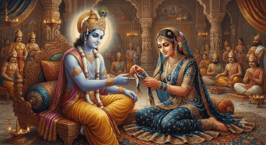 द्रौपदी श्रीकृष्णाच्या दुखापत झालेल्या बोटाला आपल्या साडीचा पदर फाडून प्रेमाने बांधताना.