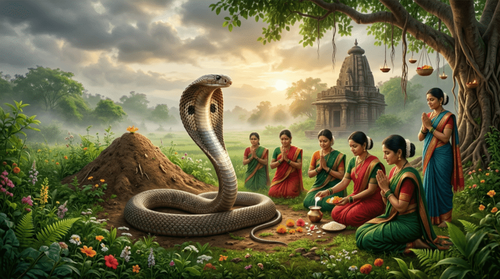 Marathi women worshipping an anthill during Nag Panchami festival in the monsoon season