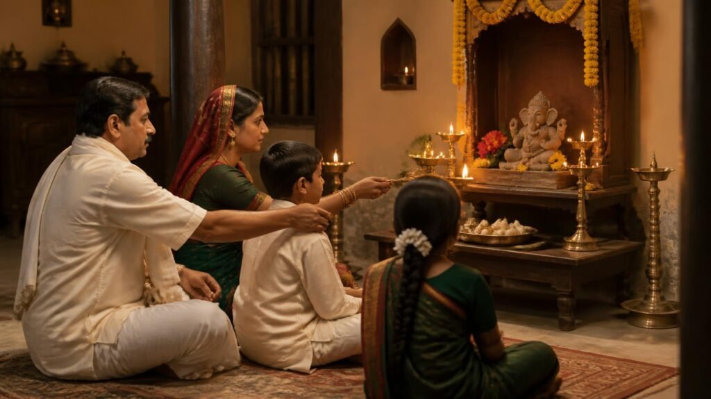 प्राचीन काळातील घरगुती गणेशपूजेचे पारंपरिक दृश्य