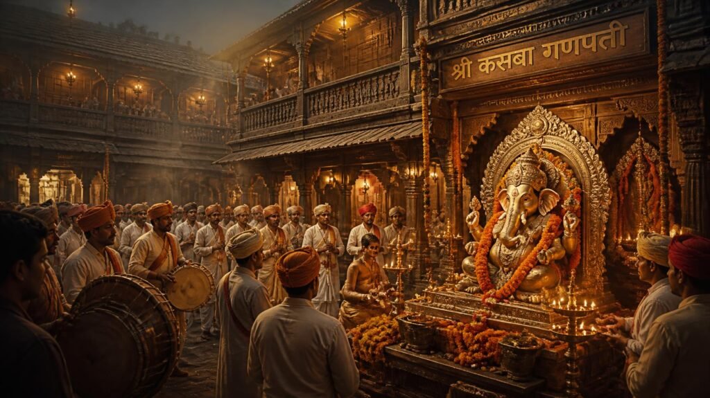 पेशवेकाळातील पुण्यातील भव्य गणेशोत्सवाचे ऐतिहासिक दृश्य